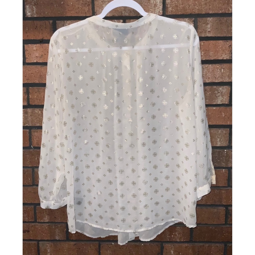 Liz Claiborne Career White Gold Foil Medallion Sheer Button Front Blouse L - Picture 4 of 4